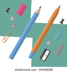 Pencil and eraser, pencil sharpener on the contrast background. Office writing implements. Vector illustration.