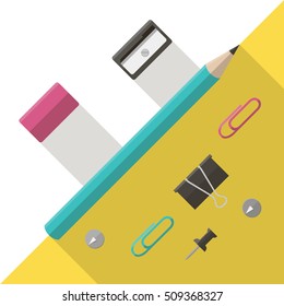 Pencil and eraser, pencil sharpener on the contrast background. Office writing implements. Vector illustration.