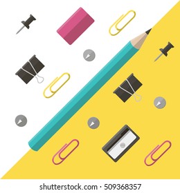 Pencil and eraser, pencil sharpener on the contrast background. Office writing implements. Vector illustration.