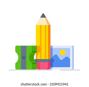 Pencil, eraser and sharpener on white background.