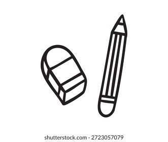 Bleistift und Radiergummi, Schreibwarenpaar für das Studium, Linie Kunstschule doodle, Umrisskontur, monochrom, handgezeichnet. Vektorgrafik.