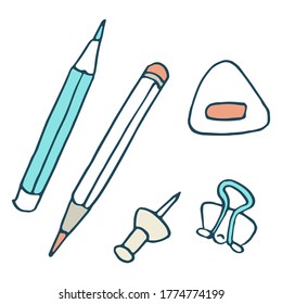 Stift und Radiergummi-Aufkleber auf weißem, isoliertem Hintergrund. Geschenkartikel für Einladung oder Geschenkkarte, Notizbuch, Badziegel, Scrapbook. Telefonzelle oder Stoffdruck-Kunst im Doodle-Stil, Vektorgrafik im Doodle-Stil