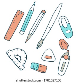 Pencil and eraser sticker set on white isolated backdrop. Stationery for invitation or gift card, notebook, bath tile, scrapbook. Phone case or cloth print art. Doodle style stock vector illustration