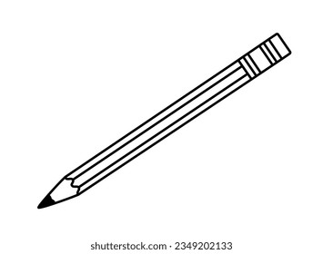 Pencil with eraser. Tool for drawing. Hand drawn sketch icon of school stationery. Isolated vector illustration in doodle line style.