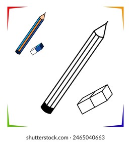 Pencil and eraser vector coloring page. Educational worksheet. Elements for coloring book, design illustrations in the style of outline for kids.