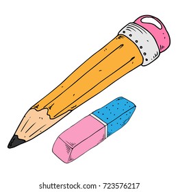 Pencil with eraser. Vector illustration of pencil and eraser. Hand drawn simple pencil with eraser. Set of subjects for the school. 