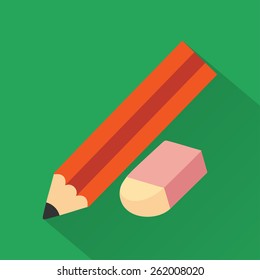 Pencil and eraser,modern design flat icon with long shadow