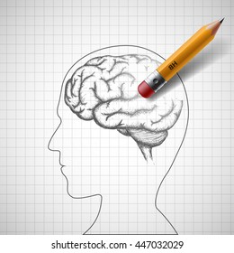 Pencil erases the human brain. Alzheimer disease. Stock vector illustration.