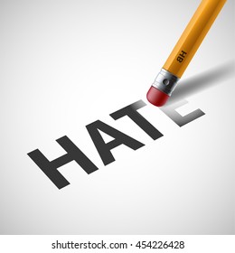 Pencil erases the word hate on paper. Stock vector illustration.