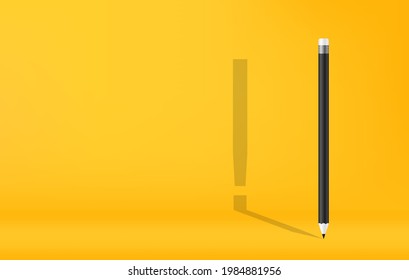 Pencil with exclamation mark symbol shadow on yellow background