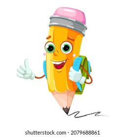 Pencil with face and hands wearing backpack and showing thumbs up. Back to school consept. Vector illustration.