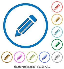 Pencil flat color vector icons with shadows in round outlines on white background