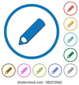 Pencil flat color vector icons with shadows in round outlines on white background