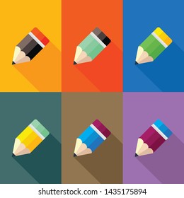 Pencil flat design icon. Color symbol of writing instruments and vreativity. Long shadow vector illustration Color background.
