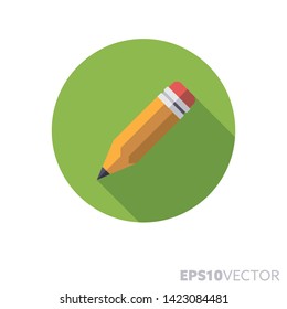 Icono redondo de diseño plano con lápiz. Símbolo de color de los instrumentos de escritura y la creatividad. Ilustración vectorial de sombra larga en un círculo aislado sobre fondo blanco.