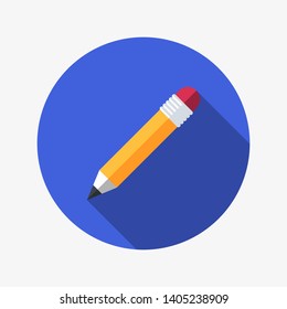 Pencil flat icon with dropshadow on blue background. Flat design, simple, vector illustration.