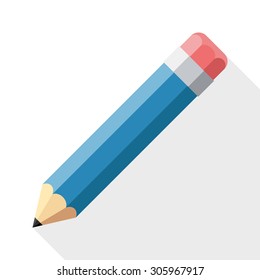 Pencil flat icon with long shadow on white background