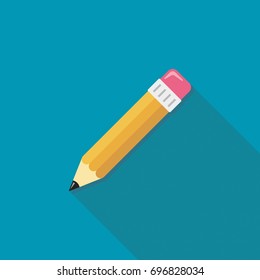 Pencil flat icon with long shadow, vector illustration on blue background.
