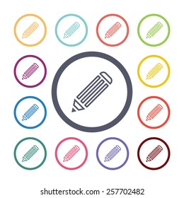 pencil flat icons set. Open colorful buttons 