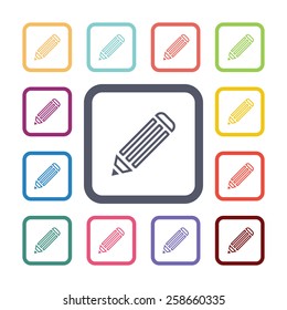 pencil flat icons set. Open colorful buttons 