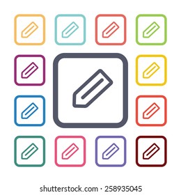 pencil flat icons set. Open round colorful buttons. Vector 