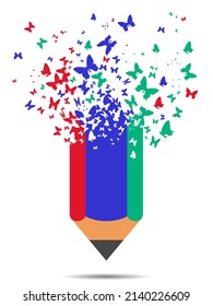 Pencil and flying butterfly, vector illustration