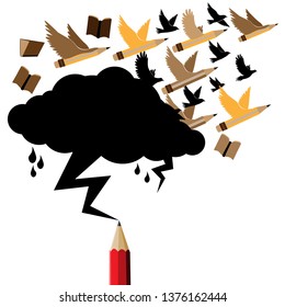 Pencil flying concept idea.Black cloud and lightning drawing by red pencil with education and business icons concept.Cloud copy space for text Education and Business theme. 