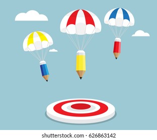 pencil flying with parachute to target vector illustration