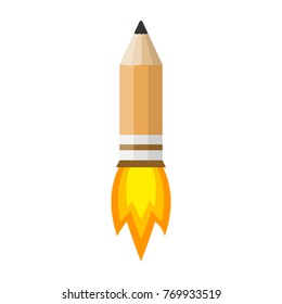 Pencil as flying rocket with fire, on white background. Vector illustration. Concept of creative design.