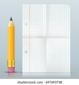 Pencil with folded checked paper on the gray background. Eps 10 vector file.