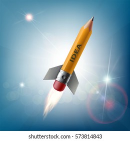 Pencil in the form of a rocket flying in the sky. Creative idea and startup. Stock vector illustration.