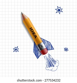 Pencil in the form of a rocket on a background painted sky. Vector Image.