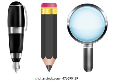 Pencil, fountain pen, magnifying glass. Vector illustration isolated on white background