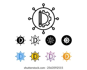 Pencil gear design network .icon with 9 different styles,line,glyp,flat gradient etc.suitable for engineering projects,website design etc.isolated on white background.	
