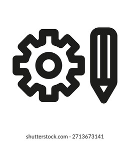 Pencil and Gears Engineering Line Icon. Professional minimalist symbol combining design and machinery, perfect for technical and creative processes
