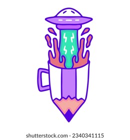 Pencil glass with spaceship, illustration for t-shirt, sticker, or apparel merchandise. With doodle, retro, and cartoon style.