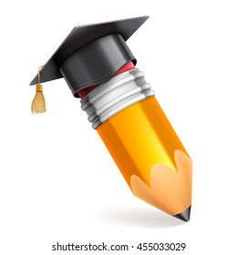 Pencil and graduation cap or mortar board. Vector education icon