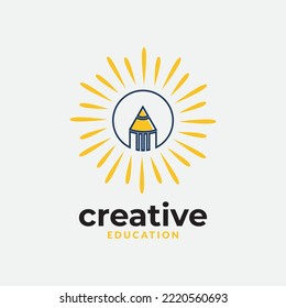 plantilla vectorial de diseño del logotipo de educación de hoja circular, lápiz, tapa de graduación, sol y hoja de sol.