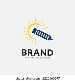 pencil, graduation cap, sun and circular leaf education logo design vector template.