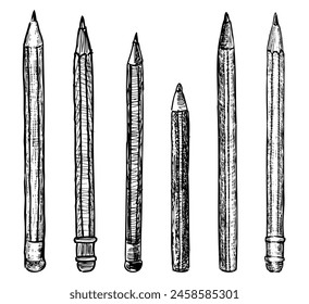 Lápiz, grafito, afilado, borrador, madera, diferente, dibujo, conjunto de instrumentos de dibujo, Ilustración vectorial en blanco y negro aislado en blanco