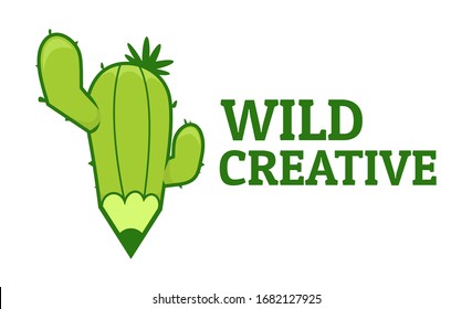 Pencil green Cactus plant logo concept design illustration