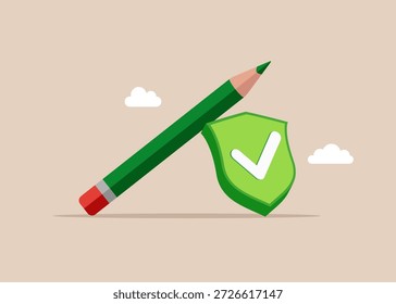 Lápiz con marca de verificación de escudo verde. Ilustración vectorial plana