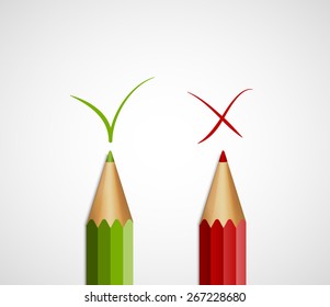 Pencil green tick and red cross. With Yes And No. Vector Illustration.