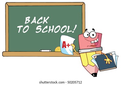 Pencil Guy Holding An A Plus Report Card In Front Of School Chalk Board