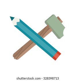 Pencil and hammer crossed. Workshop icon. Flat vector illustration isolated on white background.