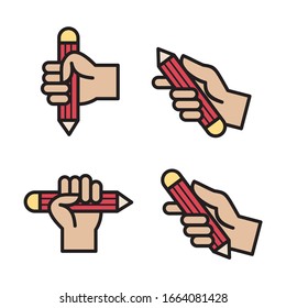 Lápiz en la mano. Herramientas de arte. Icono de estilo plano. Icono de línea, vector aislado. Fondo blanco. Color rojo.