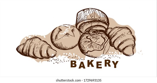 Pencil hand drawing. Graphic image of sweet roll, pastry, croissant, cheesecake. Logo, inscription for the sale of pastry, pastries.Croissant. Vector design.