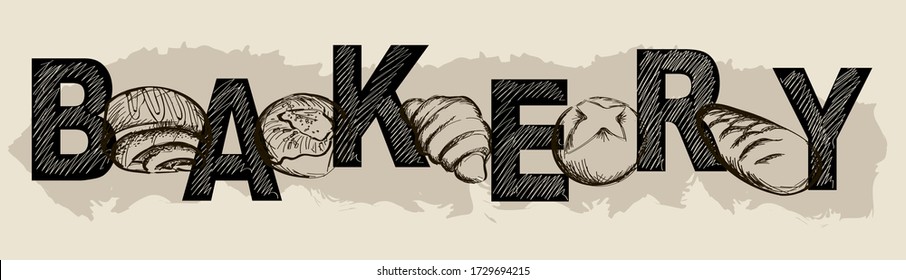 Pencil hand drawing. Graphic image of sweet roll, pastry, croissant, cheesecake. Logo, inscription for the sale of pastry, pastries.Croissant. Vector design.