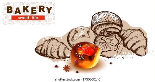 Pencil hand drawing. Graphic image of sweet roll, pastry, croissant, cheesecake. Logo, inscription for the sale of pastry, pastries.Croissant. Vector design.