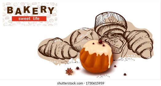 Pencil hand drawing. Graphic image of sweet roll, pastry, croissant, cheesecake. Logo, inscription for the sale of pastry, pastries.Croissant. Vector design.
